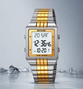 SKMEI 2335 Montre Ultra Fine en Acier Carrée Dorée Personnalisée pour Homme et <span class=keywords><strong>Femme</strong></span>, Montre Cadeau Numérique Étanche avec Chronographe - Product Image 1