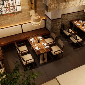 Ensemble de mobilier de restaurant moderne, tables rectangulaires en bois pour <span class=keywords><strong>café</strong></span> avec <span class=keywords><strong>grain</strong></span> naturel, chaises en rotin et sièges en tissu pour <span class=keywords><strong>café</strong></span> - Product Image 6