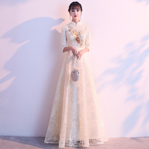 Chinese Style Cheongsam Long Dress Women Party Traditional Embroidery A Line 3D Pattern Elegant Occasion Wear - Product Image 1