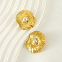 Pearl Center Flower Stud Earrings 304 Stainless Steel 18K Gold Vacuum Plated Wavy Ribbed Floral Jewelry 34x31 mm for Women Gifts