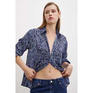 Camisa de Satén para Mujer, Estampado Floral, Azul Marino, Cierre de Botones, Uso Diario Informal - Product Image 2