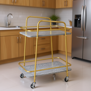 Chariot de cuisine à 2 niveaux avec cadre en acier et plateau en marbre gris, design moderne, chariot îlot de cuisine - Product Image 2