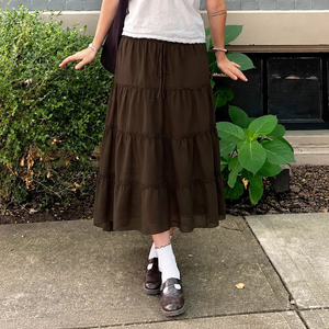 2026 Women's Brown Tiered Maxi <b>Skirt</b> High Waist Drawstring Chiffon A-Line Boho Casual <b>Long</b> <b>Skirt</b> for <b>Summer</b> - Product Image 2