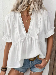 Camicette da <span class=keywords><strong>donna</strong></span> di moda estate camicie eleganti Casual in pizzo con scollo a V scava a <span class=keywords><strong>maniche</strong></span> <span class=keywords><strong>corte</strong></span> top <span class=keywords><strong>donna</strong></span> - Product Image 4