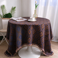 Nappe de table géométrique en jacquard diamanté vintage, nappe ronde tissée douce avec bordure à franges