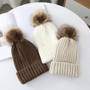 Winter Knitted Hats Bobble Hat Faux Fur Ball <strong>Pom</strong> <strong>Pom</strong> Cap Acrylic Luxury <strong>Beanie</strong> Hat Removable <strong>Pom</strong> Thick Women Custom Logo Opp Bag - Product Image 1