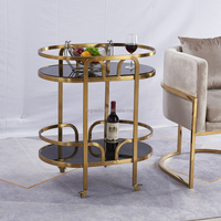 Chariot de bar domestique en verre trempé noir durable avec cadre en acier inoxydable doré, chariot à boissons pour hôtel, chariot de service roulant pour fêtes et desserts