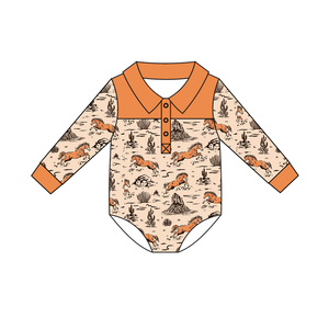 Pre-ordenar: Pelele de burbuja personalizado OEM para bebés niños, de manga larga, con botones aztecas y temática de caballo del rodeo occidental, para temporada de caza, con broches de boutique. - Product Image 3