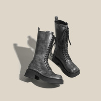 Bottes mi-mollet en cuir lavé style rétro pour femmes Gleibo, à lacets sur le devant, talon épais, tendance, vente chaude, bottes populaires