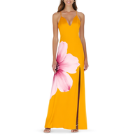 Gaun Maxi Wanita Motif Bunga Kuning Custom OEM ODM, Tali Spaghetti, Kerah V, Belahan Samping, Gaun Musim Panas untuk Liburan Pantai dan Acara Malam