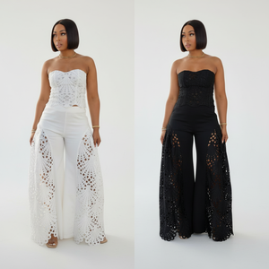 <span class=keywords><strong>Tuta</strong></span> intera elegante da donna <span class=keywords><strong>in</strong></span> <span class=keywords><strong>pizzo</strong></span> bianco, senza spalline, con top a tubino e gamba svasata, modello intagliato - Product Image 1