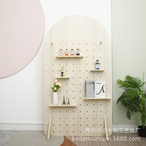 Wooden Arched Pegboard Screen Standing Partition Multifunctional Storage Shelf For Entryway Room Divider - Product Image 1