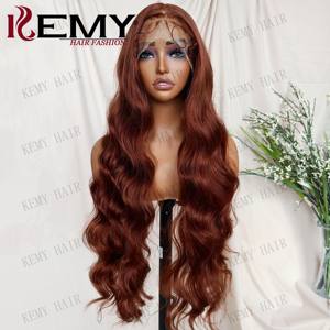 KEMY HAIR 프리미엄 내열 섬유 가발 6*13 HD 투명 레이스 느슨한 웨이브 합성 구리 가발 도매 - Product Image 4