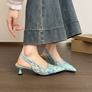 504 Summer Factory New Mesh Lace Flower Toe <b>Sandals</b> with Pointed Back, High-quality Single Shoes, Slim High-heeled Women's Shoes - Product Image 2