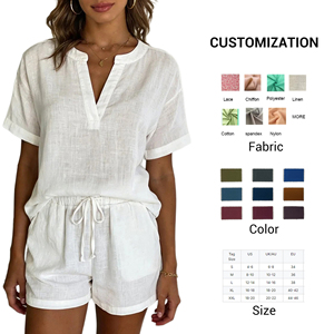 Completo Estivo Personalizzato 2026 in Lino e Cotone Bianco per Donna, <span class=keywords><strong>Set</strong></span> Due Pezzi con Scollo a V, Maniche Corte, Coulisse e Vita Elastica, OEM - Product Image 6