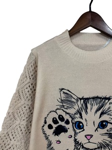 <strong>Women's</strong> Breathable Elegant Kitten Graphic Knit Sweater Crew Neck Pointelle Mesh 100% Polyester Digital Cat <strong>Jumper</strong> 300g - Product Image 5