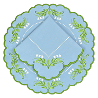 Napperons en lin festonnés avec broderie Muguet, bleu clair, motif floral moderne, pour mariage printanier, lavables à l'eau, décoration de table.