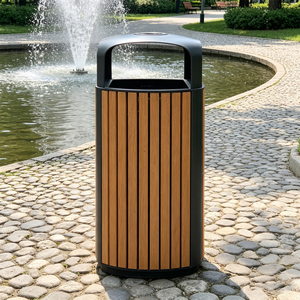 Bote de Basura Rectangular de Acero para Exteriores con Tapa Impermeable y Borde de Madera, <span class=keywords><strong>Sin</strong></span> Tapa, para Uso en Interiores/Exteriores - Product Image 3