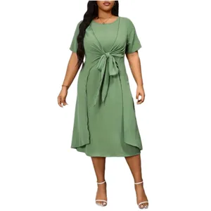 Women's Plus Size Clothing Knot Front Solid Loose Dresses Casual Short Sleeve Oversized Ladies Dress
