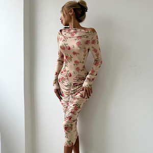 Vestido Ajustado de Manga Larga con Estampado Floral y Hombros Descubiertos, Estilo Europeo Americano para Mujer, Otoño 2025, Ropa de Cóctel - Product Image 1