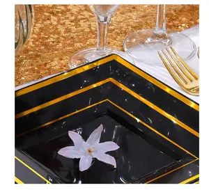 BST-juego de platos de plástico desechables, vajilla negra, platos cuadrados de boda