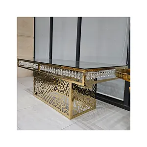 新设计不锈钢婚礼装饰餐桌金色长方形水晶婚礼蛋糕桌