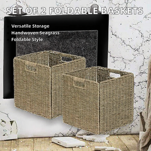 Set of 2 Modern Hand-Woven Seagrass Wicker Square <b>Storage</b> <b>Baskets</b> Foldable Cube Organizer for <b>Shelves</b> Toilet Paper & Home Decor - Product Image 2