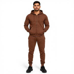 Ensemble de survêtement décontracté pour homme en molleton marron à capuche et fermeture éclair, couleur unie, pour l'automne, 100 % coton French Terry - Product Image 1