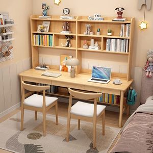 Escritorio Doble de Madera Maciza, Escritorio de <span class=keywords><strong>Estudio</strong></span> y Computadora Alargado con Estantería Integrada, Diseño Clásico Francés Tallado Moderno para Primaria - Product Image 3