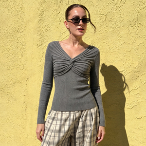 Twist Knot V Neck Cable Knit Pullover <b>Tight</b> Fit Layering Lightweight Autumn Unique Design Flattering <b>Sweater</b> - Product Image 2