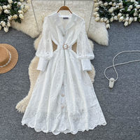 Robe décontractée élégante pour femme WIWT, coupe trapèze, broderie en dentelle, col à revers, manches longues, ceinture, boutonnée, longueur midi, pour un usage quotidien