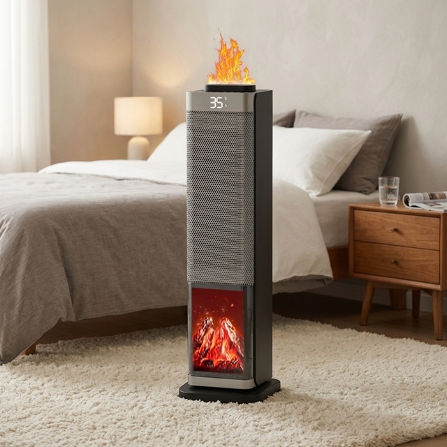 2000W Portable Electric Heater Fireplace 3D Space Tower Oscillating PTC Ceramic Heater Timer Remote Control Fast Heating EU