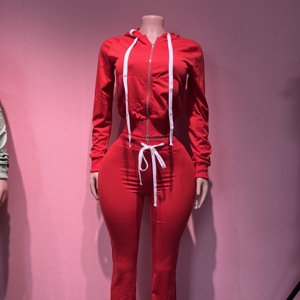 Conjunto de dos piezas para mujer: Sudadera con capucha y cremallera de <span class=keywords><strong>moda</strong></span>, corte ajustado, con bolsillos, y pantalones micro acampanados. - Product Image 4