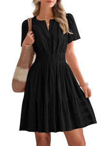 Custom Size Ladies 2026 Light Short Sleeve Mini <b>Dress</b> Soft Fabric V Neck <b>Elastic</b> High Waist Slim Casual Daily <b>Dresses</b> - Product Image 3