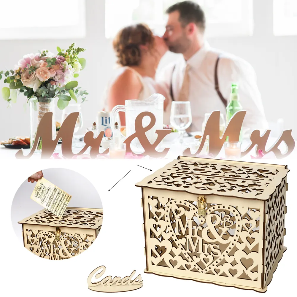 Ywbeyond Mr & Mrs Houten Bruiloft Decoraties Uitnodigingskaart Doos Met Slot En Kaart Teken Hout Gift Spaarpot Voor receptie