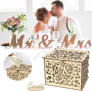 Ywbeyond Mr. & Mrs. 木製の結婚式の装飾ロックとカードサイン付きの招待状カードボックスレセプション用の木製ギフト貯金箱