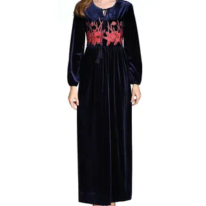 Модное платье макси абайя с длинным рукавом и вышивкой в мусульманском стиле для женщин