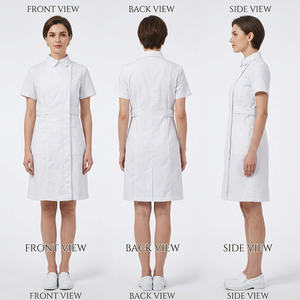 Robe d'uniforme d'infirmière pour femme, manches courtes, en coton tissé blanc, tenue de travail hospitalière, vue avant, arrière et latérale - Product Image 1