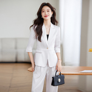 Women's Burgundy Suit <b>Set</b> Three Quarter Sleeve Satin Summer Office Lady Formal Wear Breathable Polyester Fabric - Product Image 3