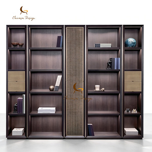 Estantería Modular de Madera Oscura con Malla de Ratán Tejida, Estantes Abiertos de Varios Niveles, Librería de Lujo para Sala de Estar - Product Image 1