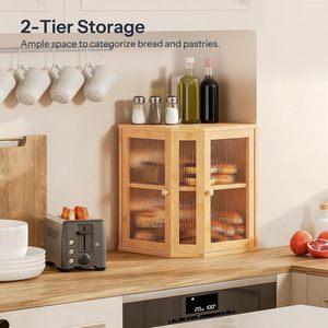 Boîte à pain en bambou de style littéraire, 2 niveaux, rangement d'angle avec portes en verre pour comptoir de cuisine, stockage alimentaire - Product Image 1