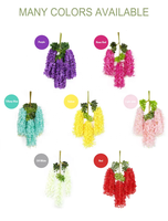 Vente chaude, pas cher, 12 pièces, fleurs artificielles en plastique, glycine suspendue, fleurs de glycine en soie suspendues pour mariage