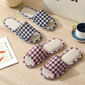 All Seasons Women Men Anti-Slip Checkered Linen Midsole Korean Style Open Toe Indoor <b>Slipper</b> - Product Image 2