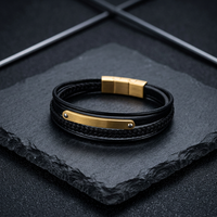 Bracelet en cuir tressé à fermoir magnétique, multi-couches, sangle plate noire pour homme, boucle en acier inoxydable, vente en gros d'usine