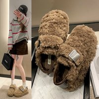 Pantoufles plates en fourrure moelleuse pour femmes, mules à talon ouvert avec bride à boucle métallique, pantoufles chaudes en peluche pour l'hiver