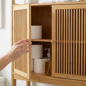 Meuble <span class=keywords><strong>de</strong></span> rangement en bambou pour salle <span class=keywords><strong>de</strong></span> bain, à placer au-dessus des toilettes, gain <span class=keywords><strong>de</strong></span> place, avec portes à lattes et étagère ouverte - Product Image 5