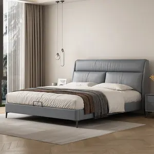 Modern Minimalist Style Upholstered Bed Genuine Leather Bed King Size Bedroom Furniture