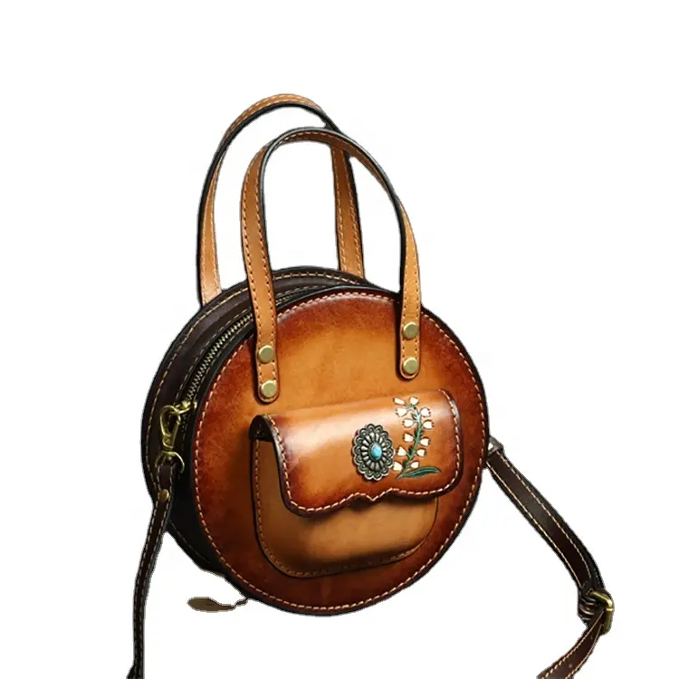 Customised Hand Carving Genuine Italian Leather Handmade Vintage Style Designer Ladies Roundness Leather Handbag For Daily Use