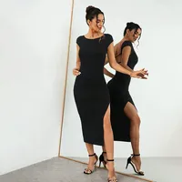 Robe moulante noire à manches courtes pour femme, chic décontractée d'été, vente en gros ODM, prête à être expédiée