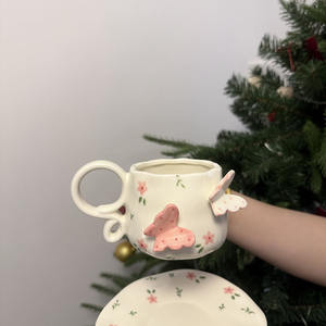 كوب قهوة سيراميك كوري بتصميم فراشة ثلاثية الأبعاد مرسومة يدويًا، إبداعي، هدية قلب الفتاة، كوب ماء - Product Image 2
